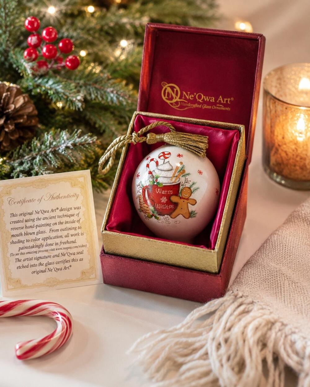 Ne'Qwa Art 2023 Reverse Painted Glass Gingerbread Ornament Warm Wisher Box & COA